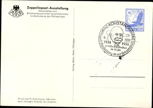 Künstler Ak Emerich, Portrait Graf Zeppelin, Uniform, Orden, Zeppelinpost Ausstellung Konstanz 1938