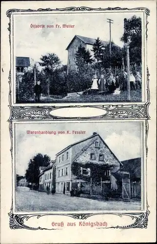 Ak Königsbach Stein in Baden Württemberg, Ölfabrik Weller, Warenhandlung Fessler