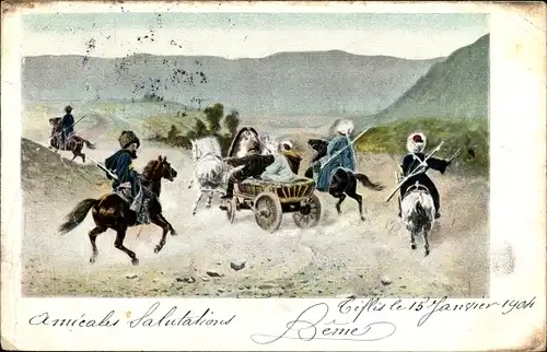 Künstler Ak Russische Reiter, Kutsche, Kosaken