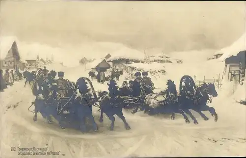 Künstler Ak Grusinski, Russland, Troika, Schlittengespanne, Dorf im Winter