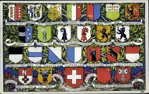 Wappen Ak Kantonswappen der Schweiz, Schwyz, Genf, Waadt, Tessin, Neuenburg, Thurgau, Wallis