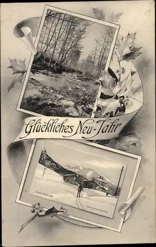 Ak Glückwunsch Neujahr, Skifahrer, Stechpalme, Bach