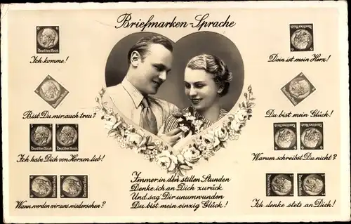 Ak Briefmarkensprache, Liebespaar, Dein ist mein Herz, Du bist mein Glück