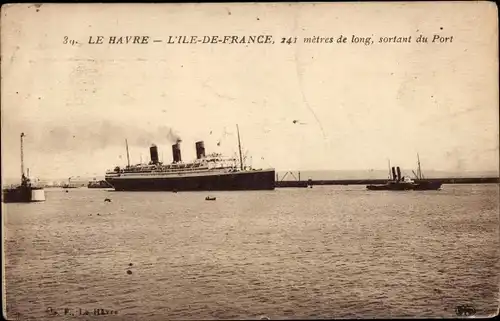 Ak Le Havre, Paquebot Ile de France, CGT French Line, Verlassen des Hafens