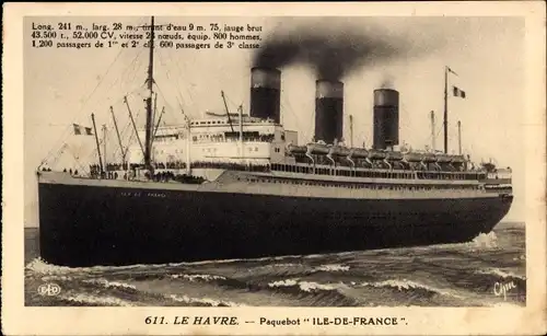 Ak Le Havre Seine Maritime, Paquebot Ile de France, CGT, French Line