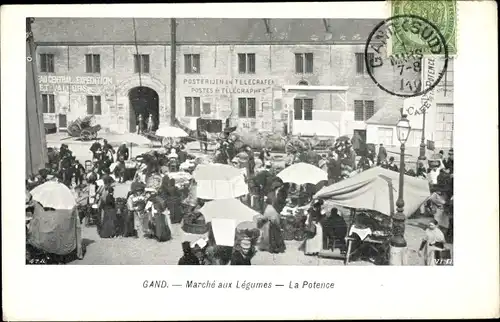 Ak Gand Gent Ostflandern, Marché aux Legumes, la Potence, Marktplatz mit Marktständen