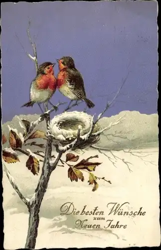 Ak Glückwunsch Neujahr, Vögel am Baum, Nest