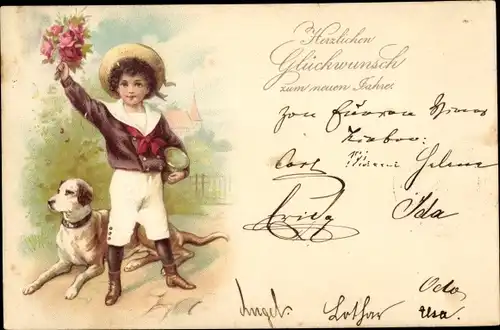 Litho Glückwunsch Neujahr, Kind, Blumenstrauß, Hund