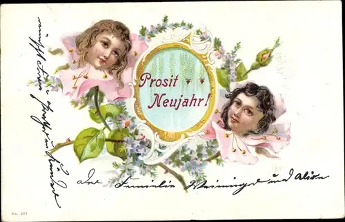 Litho Glückwunsch Neujahr, Mädchen-Portrait, Blumen