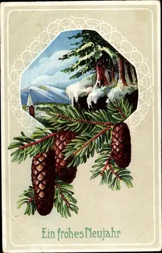 Ak Glückwunsch Neujahr, Tannenzweige, Tannenzapfen
