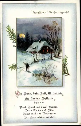 Ak Glückwunsch Neujahr, Wohnhaus, Bäume, Tannenzweige, Mond