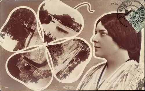 Ak Schauspielerin Page, Portrait, Kleeblatt, Landschaft