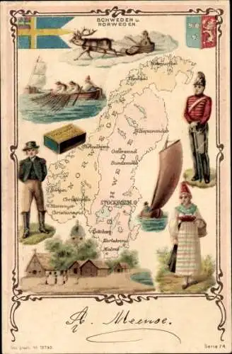Landkarten Litho Schweden, Norwegen, Trachten, Fischer, Rentierschlitten