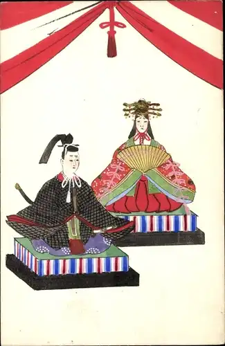 Ak Japan, Mann und Frau in Volkstrachten, Kimono, Samurai