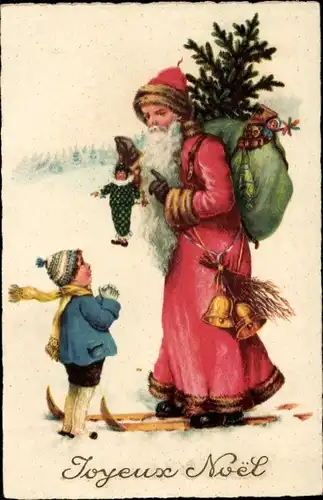 Ak Glückwunsch Weihnachten, Weihnachtsmann auf Skiern, Geschenke
