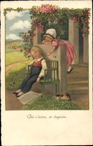 Künstler Ak Ebner, Pauli, Mädchen und schlafender Junge, Katze