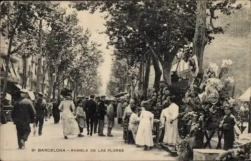 Ak Barcelona Katalonien Spanien, Rambla de las Flores, Spaziergänger, Allee