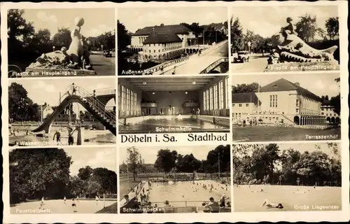 Ak Döbeln in Sachsen, Stadtbad, Schwimmhalle, Terrassenhof, Plastik