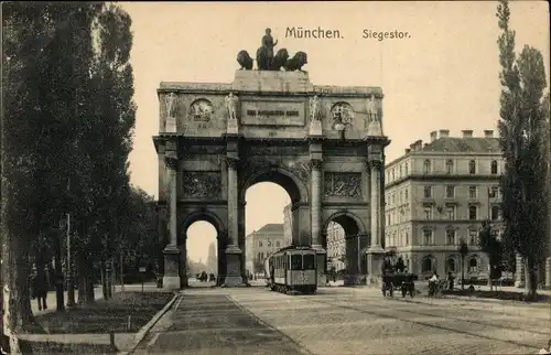 Ak München, Straßenpartie am Siegestor, Straßenbahn