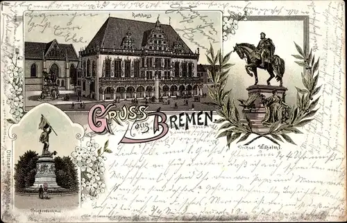 Litho Hansestadt Bremen, Rathaus, Denkmal Wilhelm I., Kriegerdenkmal