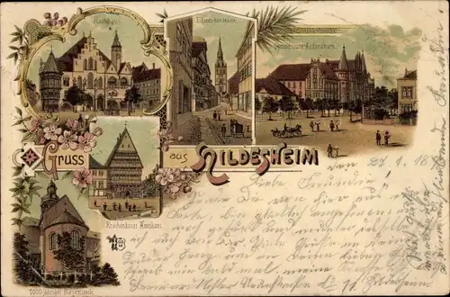 Litho Hildesheim in Niedersachsen, Dom, Rathaus, Knochenhaueramtshaus, Markt, Rosenstock