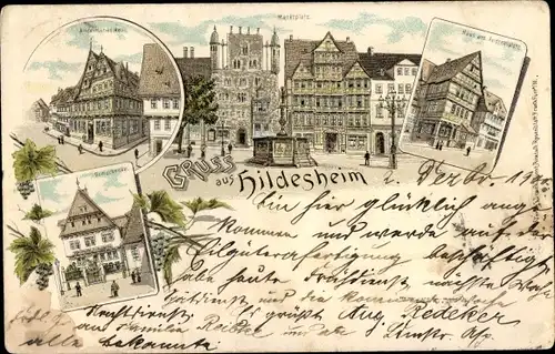 Litho Hildesheim in Niedersachsen, Rathaus, Marktplatz, Gebäude