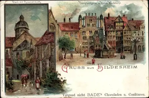 Litho Hildesheim in Niedersachsen, Dom mit Rosenstrauch, Templerhaus, Haus Wedekind