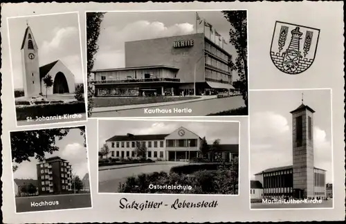 Ak Salzgitter in Niedersachsen, St. Johannis Kirche, Kaufhaus Hertie, Hochhaus, Ostertalschule