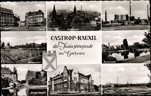 Ak Castrop Rauxel im Ruhrgebiet, Markt, Zeche, Gondelteich, Badeanstalt, Bladenhorst, Rennbahn