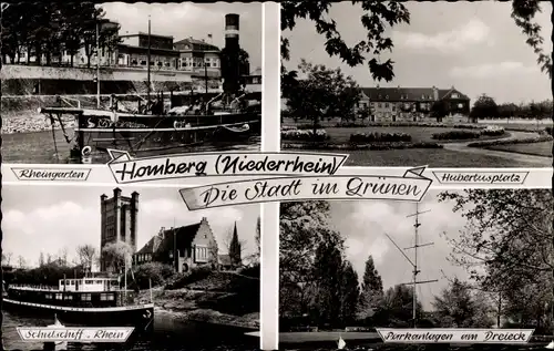 Ak Homberg Duisburg im Ruhrgebiet, Rheingarten, Hubertusplatz, Parkanlagen am Dreieck, Schulschiff