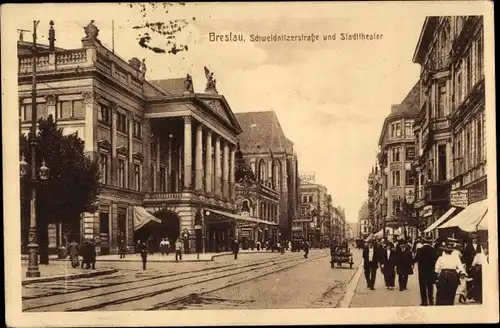 Ak Wrocław Breslau Schlesien, Schweidnitzer Straße und Stadttheater