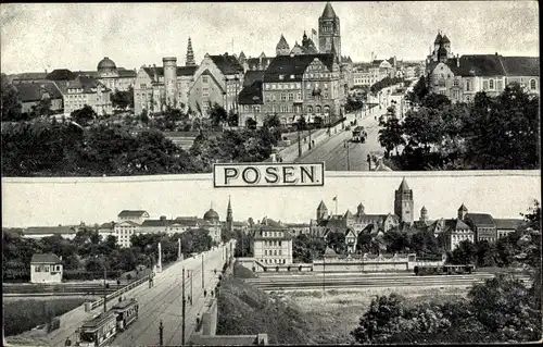 Ak Poznań Posen, An der Schlossbrücke, An der Theaterbrücke, Straßenbahn, Eisenbahn