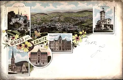 Litho Sebnitz in Sachsen, Kirche, Postgebäude, Rathaus, Grenadierburg, Panorama vom Ort