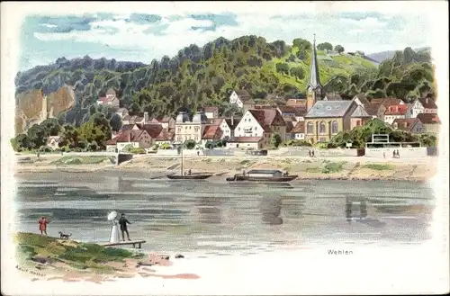 Künstler Litho Nöther, Adolf, Wehlen an der Elbe Sachsen, Flusspartie mit Blick auf den Ort