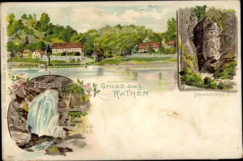 Litho Rathen an der Elbe Sächsische Schweiz, Schwedenlöcher, Amselfall, Ort
