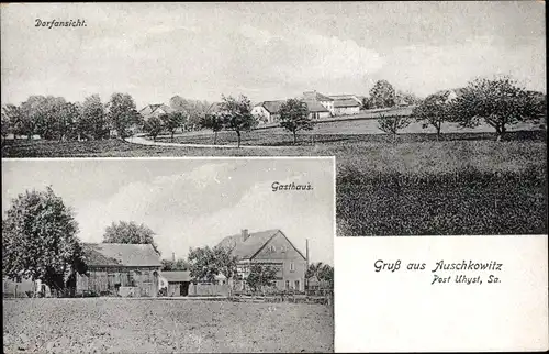 Ak Auschkowitz Burkau Sachsen, Dorfansicht, Blick auf ein Gasthaus, Felder