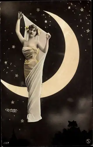 Ak Portrait einer Frau vor der Mondsichel, Sternenhimmel