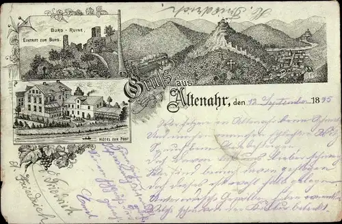 Vorläufer Litho Altenahr im Ahrtal, Burgruine, Hotel zur Post, 1895