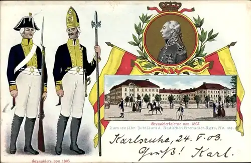 Ak Karlsruhe in Baden, Grenadierkaserne, 100 Jahrfeier Badisches Grenadier Regiment 109