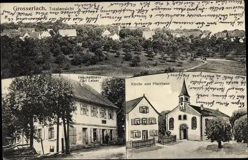 Ak Großerlach in Württemberg, Kirche, Pfarrhaus, Geschäftshaus, Totalansicht