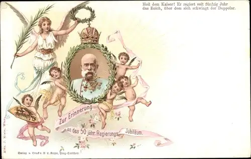 Litho Kaiser Franz Joseph I., Portrait, Engel, 50 jähriges Regierungsjubiläum