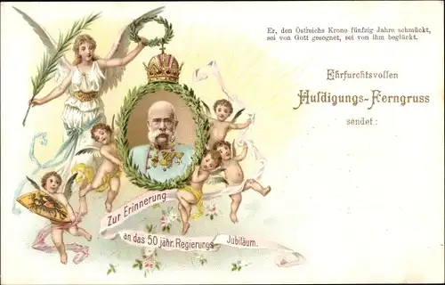 Litho Kaiser Franz Joseph I., Portrait, 50 jähriges Regierungsjubiläum, Engel