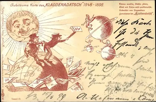Litho Karikatur, Jubiläumskarte Kladderadatsch 1848-1898, Weltkugel, Planeten