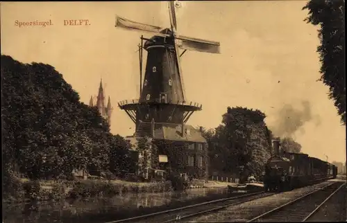 Ak Delft Südholland Niederlande, Spoorsingel, Mühle, Eisenbahn