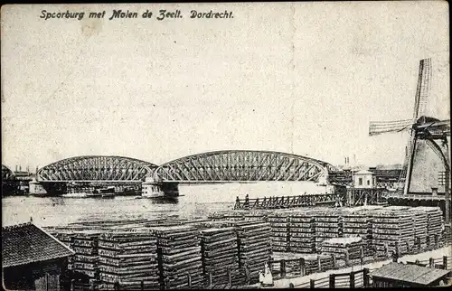 Ak Dordrecht Südholland Niederlande, Eisenbahnbrücke, Mühle Zeelt
