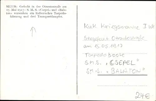 Künstler Ak Seits, Gefecht in der Otrantostraße, SMS Csepel und SMS Balaton versenken, KuK, I WK