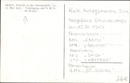 Künstler Ak Seits, Gefecht in der Otrantostraße, Österreichische Kriegsschiffe, SMS St. Georg,Csepel