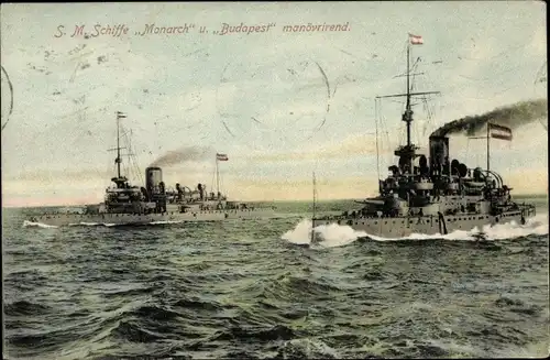 Ak Österreichische Kriegsschiffe, SMS Monarch und Budapest manövrierend, Küstenverteidiger