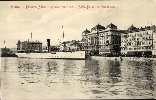 Ak Rijeka Fiume Kroatien, Adria Palast, Seebehörde, Dampfer Gödöllö, Reederei Ungaro Croata