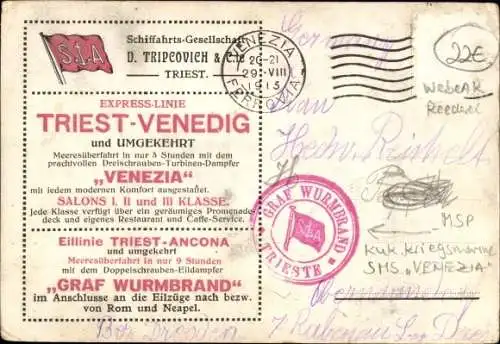 Ak Dreischrauben-Turbinen-Eildampfer Venezia, Triest-Venedig, D. Tripcovich